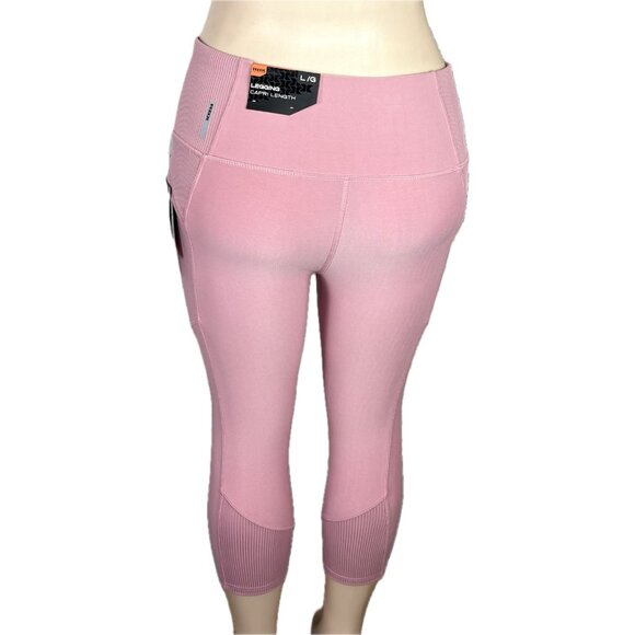 RBX L Pink Stretch Waist Wicking 4 Way Stretch Fold Cell Pockets Capri Leggings - Picture 4 of 7